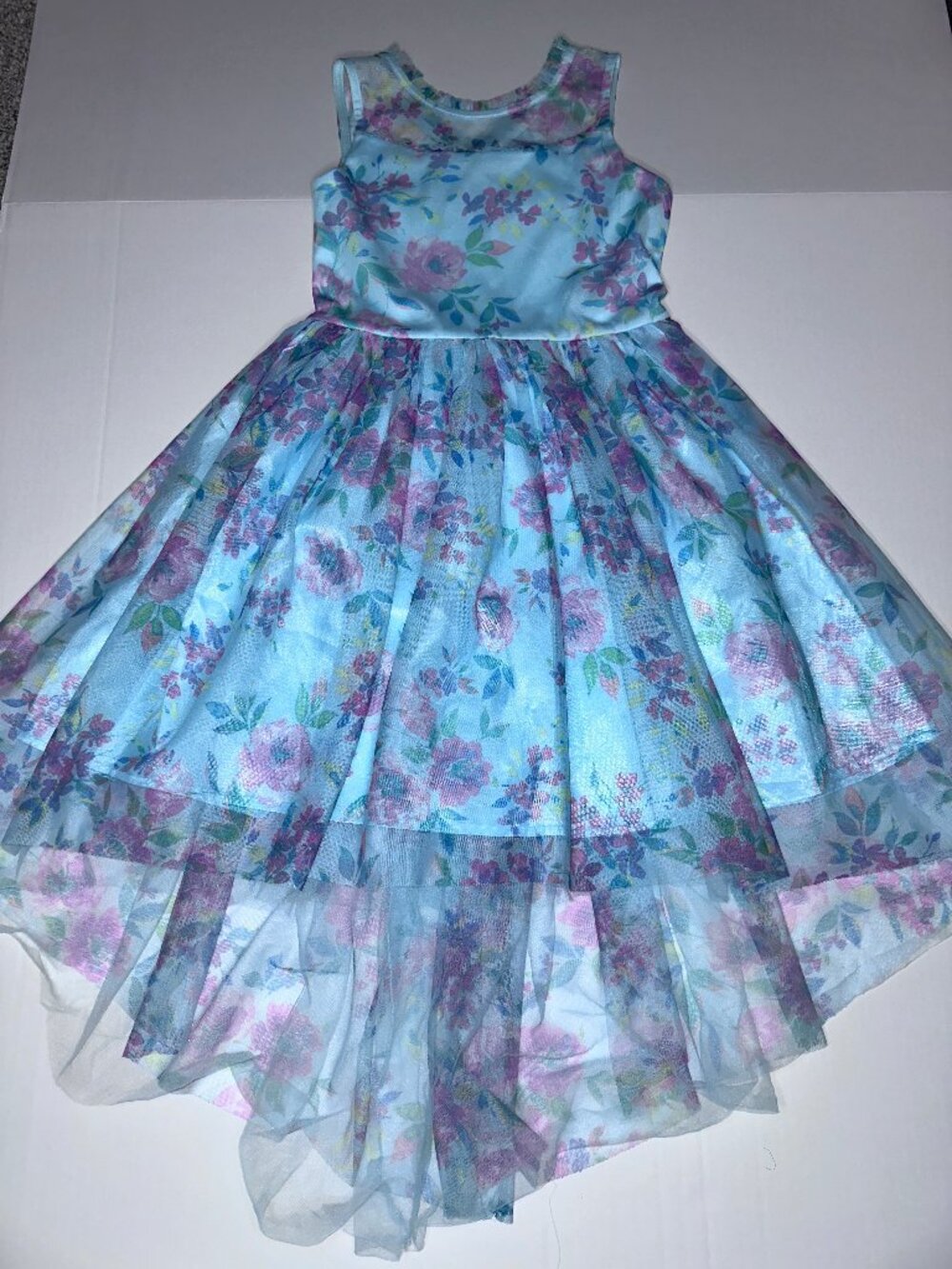 Zunie Girl Big Kids FLORAL PARTY DRESS in blue Girls Size 10 high-low hem
